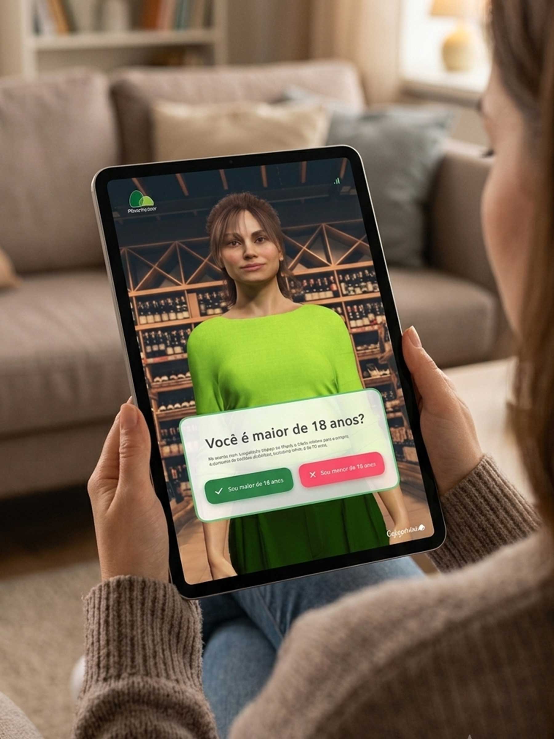 Paola on a tablet, held by someone sitting on a sofa at home. The screen shows Paola in front of the wine cellar with the age-check dialogue: 'Você é maior de 18 anos?'
