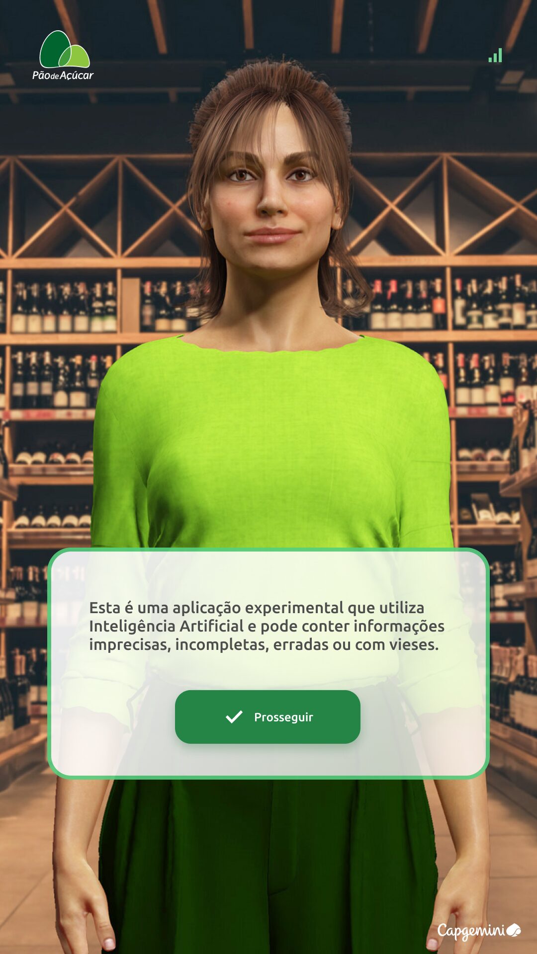 AI disclaimer · 'Esta é uma aplicação experimental que utiliza Inteligência Artificial' with 'Prosseguir' button