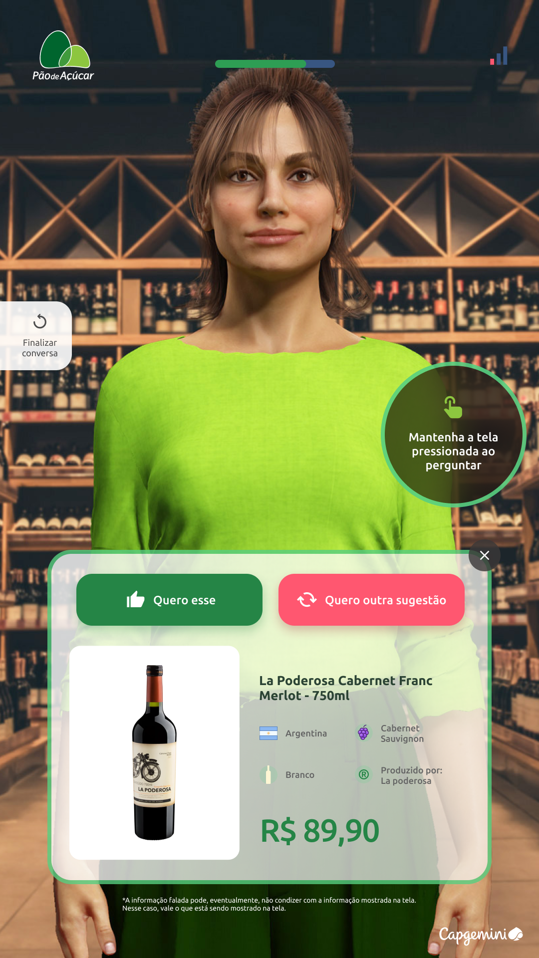 Wine recommendation result · 'La Poderosa Cabernet Franc Merlot · 750ml · R$ 89,90' with 'Quero esse' / 'Quero outra sugestão' CTAs