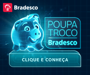 Poupa Troco 300×250 banner: the holographic piggy beside the Poupa Troco Bradesco lockup and a 'Clique e conheça' button.