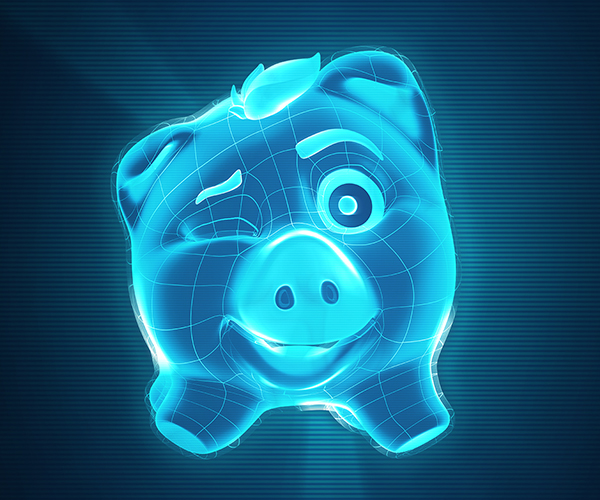 The Poupa Troco piggy, three-quarter view, winking.