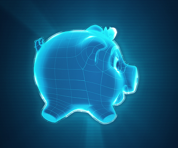 The Poupa Troco piggy in profile, wireframe hologram.