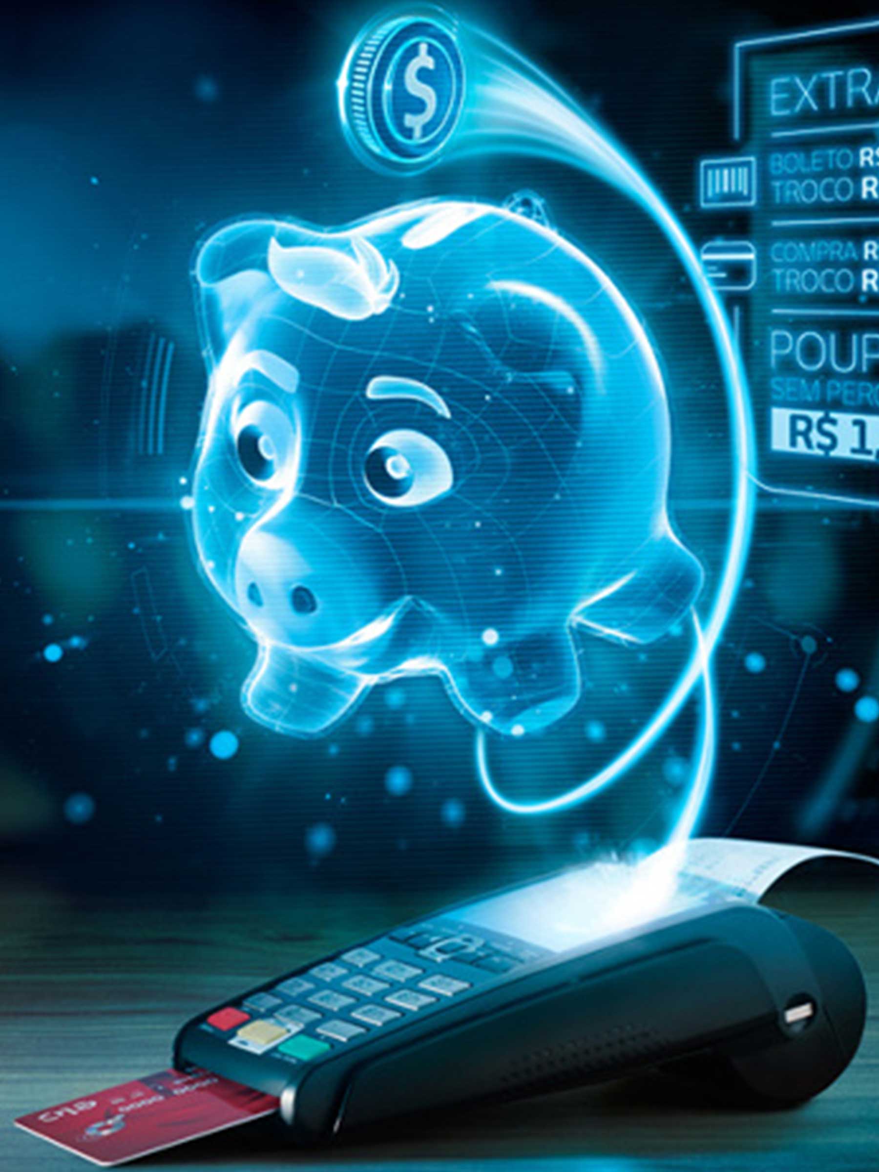 Poupa Troco key visual · a glowing holographic piggy bank rising from a card machine receipt, with a coin dropping in and an on-screen statement showing each purchase rounded up into savings.