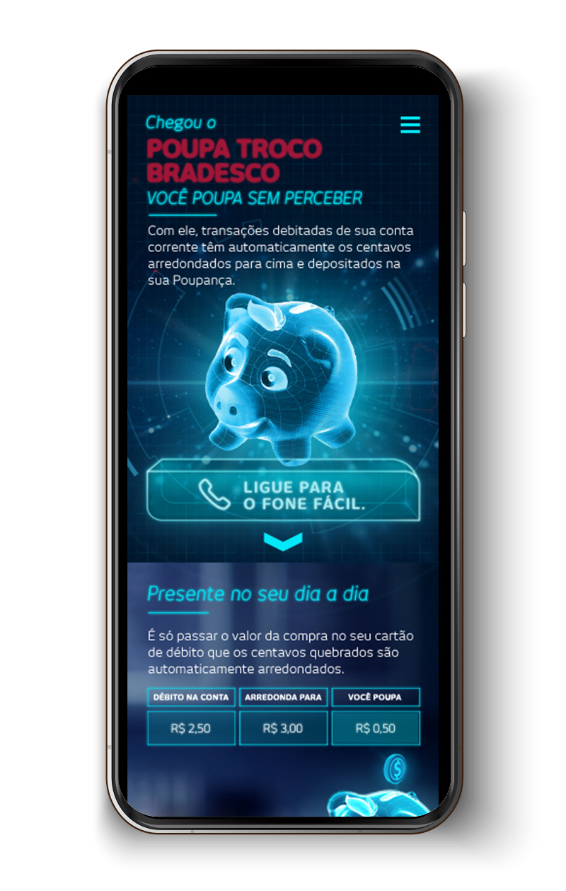 The Poupa Troco mobile site: 'Chegou o Poupa Troco Bradesco, você poupa sem perceber', with a worked example showing R$2,50 debited, rounded to R$3,00, R$0,50 saved.